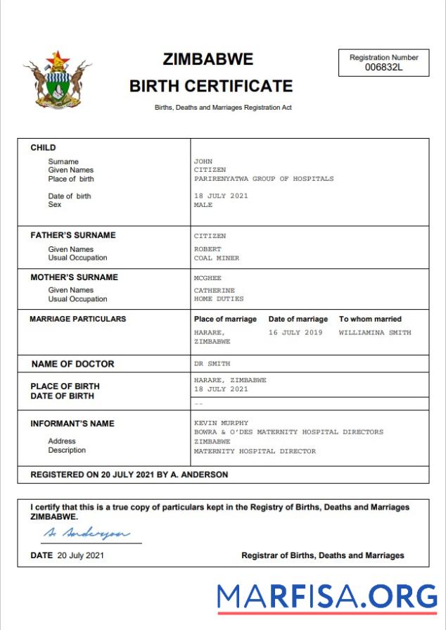 Printable Zimbabwe vital record birth certificate Word and PDF template